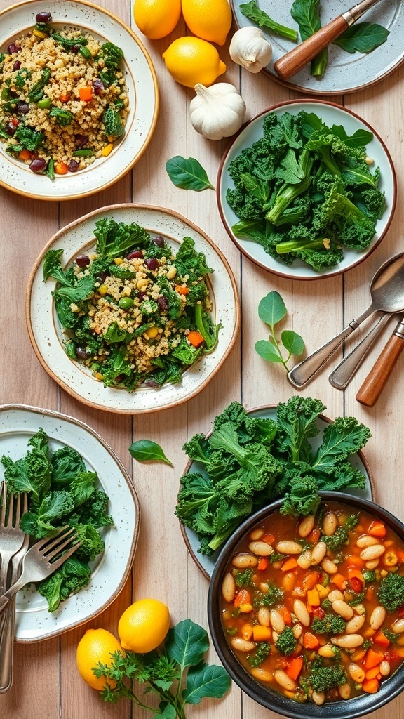 A dinner table with kale salad, sautéed kale, and white bean stew.